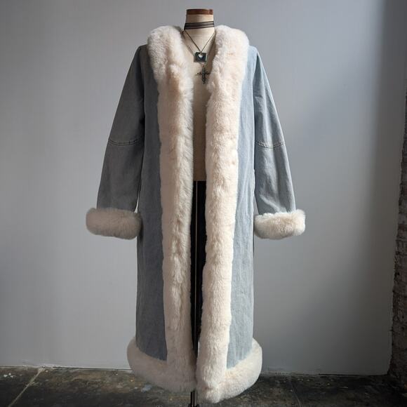 Y2K Faux Fur Penny Lane Afghan Coat Denim Trench Coat 90s Boho Jean Jacket Large - Picture 1 of 8